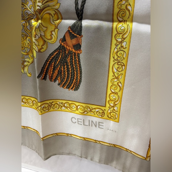 CELINE Gold & White with Gray Edge 100% Silk Scarf - Picture 2 of 7